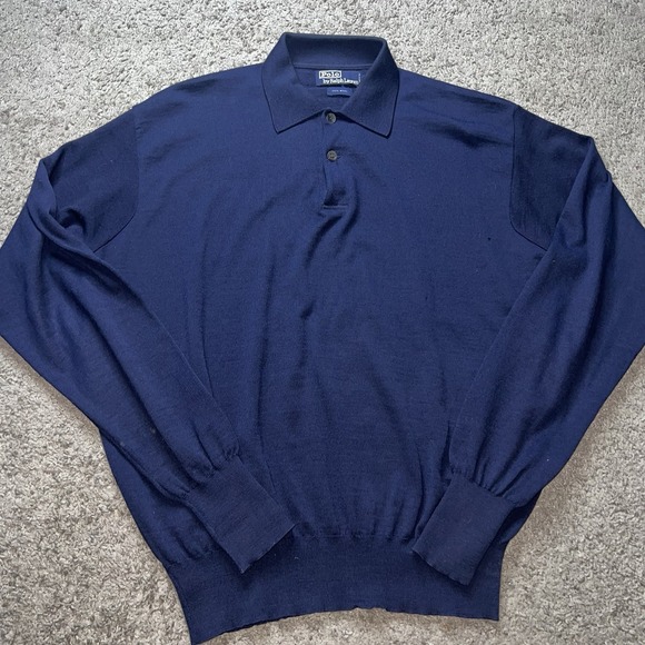 VTG Polo Ralph Lauren Sweater Men's XL Navy Blue 100% wool Collared - Picture 2 of 7